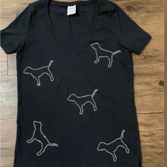 PINK Victoria's Secret Black V-Neck Tee rhinestone dog rare XS - Picture 4 of 6